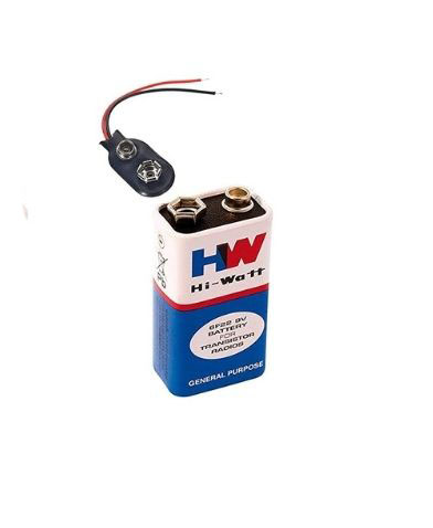 HW 9V Long Life Zinc Carbon Hi Watt Battery With Battery Clip Connector