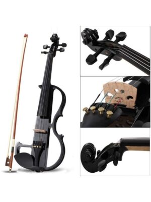 TM Electric Violin, Black Full Size 4/4 Vintage Solid Wood Mahogany Metallic Electric/Silent Violin with Ebony Fittings, Carrying Case, Audio Cable, Rosin, Bow,Battery (black)